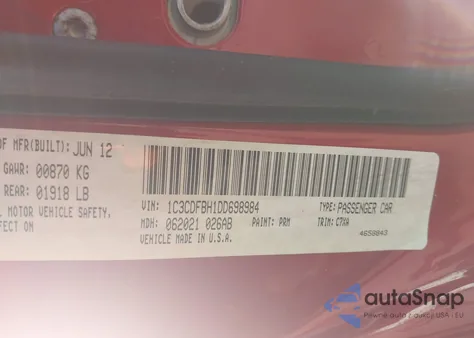 2013 Dodge Dart Sxt/Rallye z USA, uszkodzony, nr VIN 1C3CDFBH1DD698984